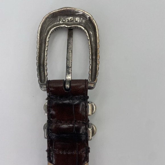 Fossil 90s Western Belt Brown Croc Leather Embossed  2-Tone Buckle Size Small - Picture 8 of 14